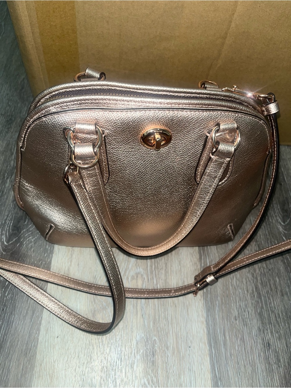 Coach Prince Street Mini Satchel in rose gold metallic leather. Turn lock. - Picture 11 of 17